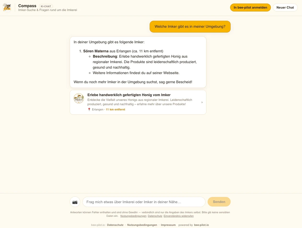 Compass beantwortet die Frage nach Imkern in der Umgebung und zeigt einen Treffer mit Entfernung