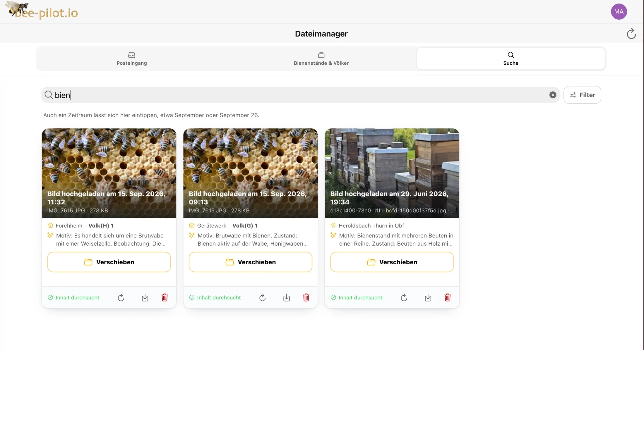 Suche im Dateimanager mit gefundenen Aufnahmen von Brutwabe und Bienenstand, jede mit ihrem Stand und Volk